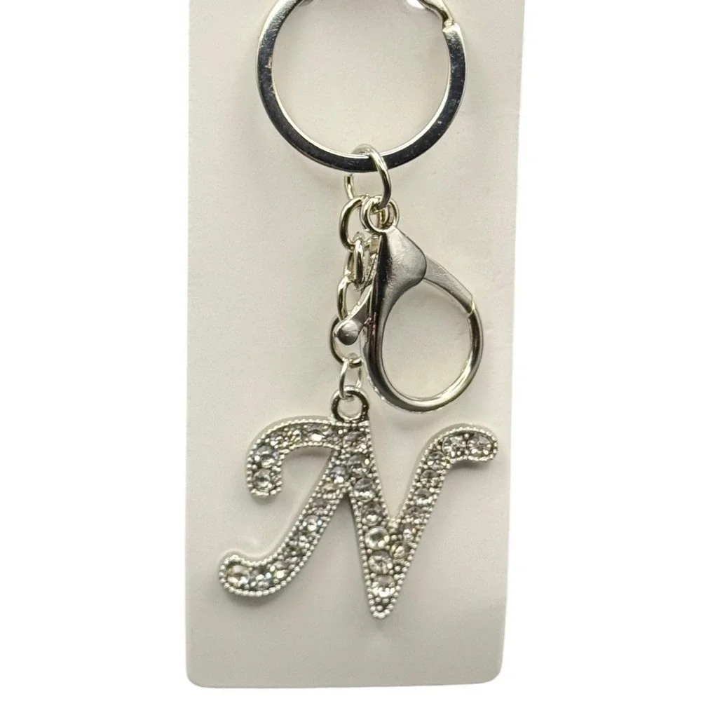 Silver Tone Rhinestone Initial Letter N‎ Keychain Monogram Bag Charm Sparkly